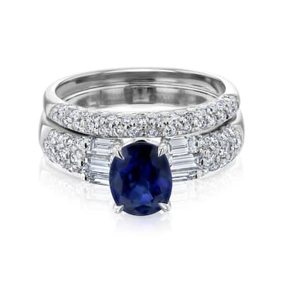 Kobelli 2.57 Carat Blue Sapphire & White Diamond 14k Solid White Gold Oval & Baguette Valerie 2pc Bridal Set