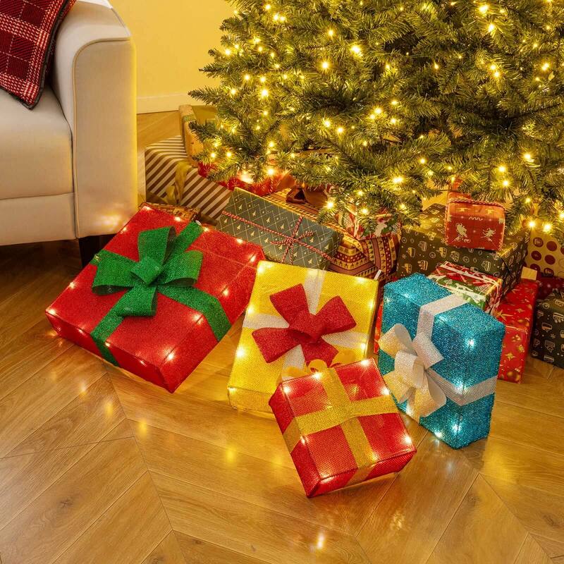Costway 4 FT Stackable Holiday Present Boxes with LEDs and Bows for - as pic shows - See Details