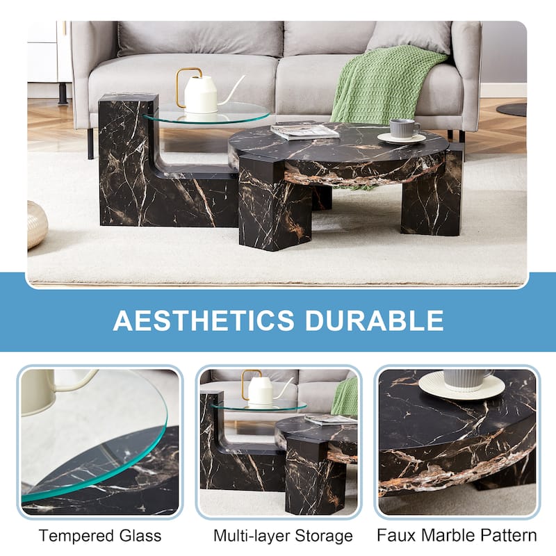 Double-Layer Round Coffee Table, Transparent Glass Top with L-Shaped Legs, Detachable Design Modern Center Table