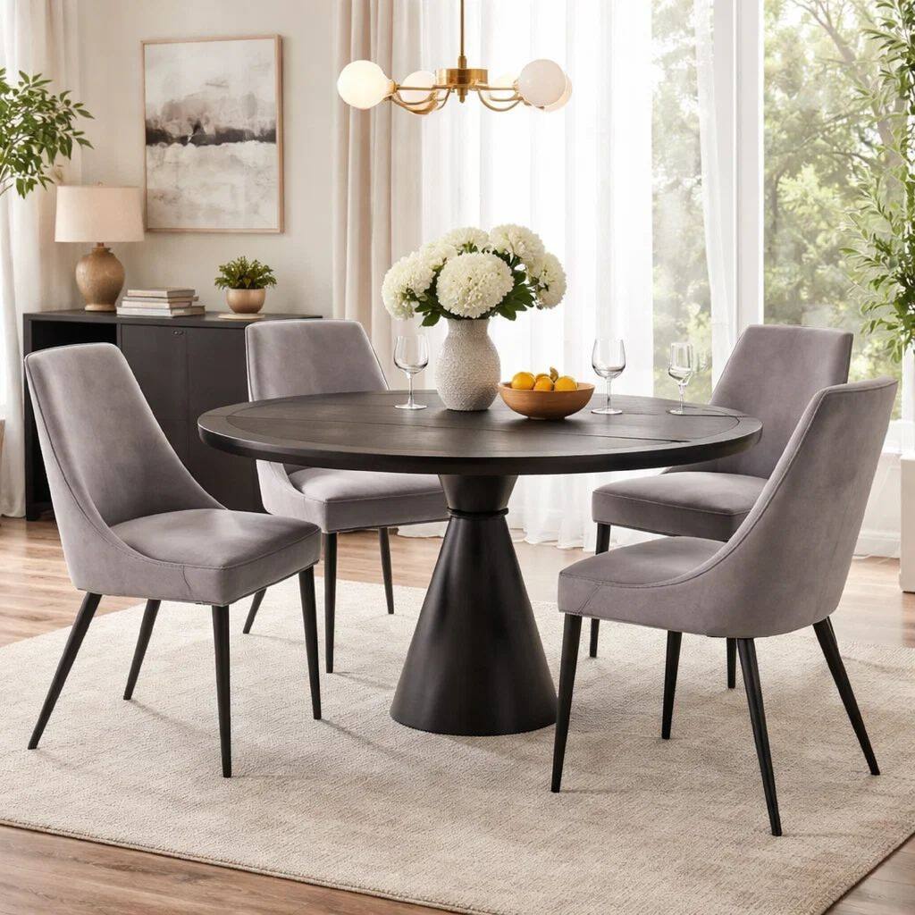 Wils 20 Inch Set of 2 Dining Chairs, Gray Velvet, Black Tapered Metal Legs