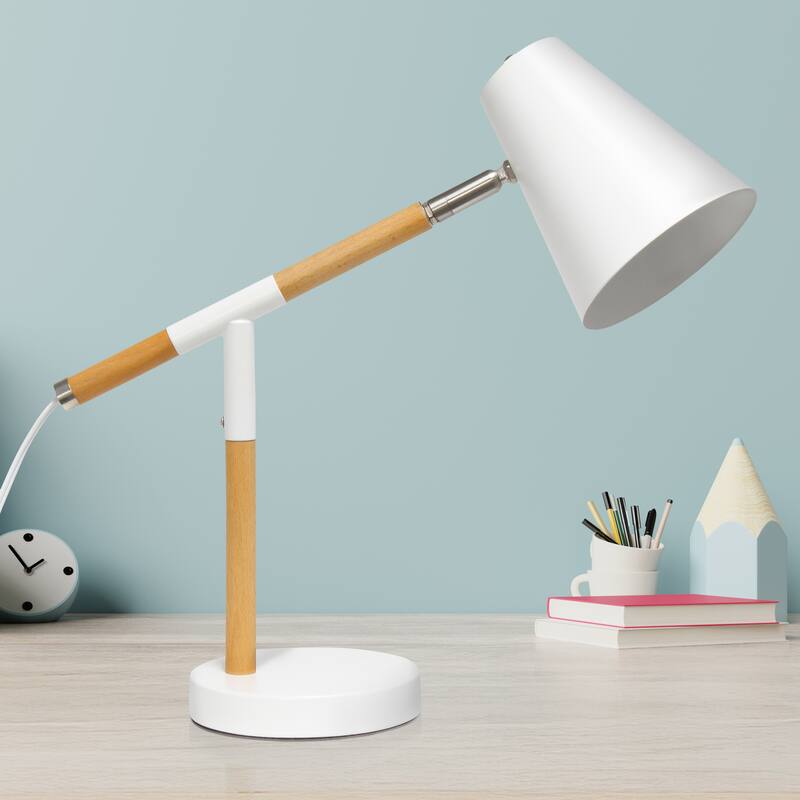 15.5" Nordic Adjustable Wood Arm Desk Lamp, Modern Table Light , Office, Bedroom, Living Room - 16.75” x 5.50” x 15.50”