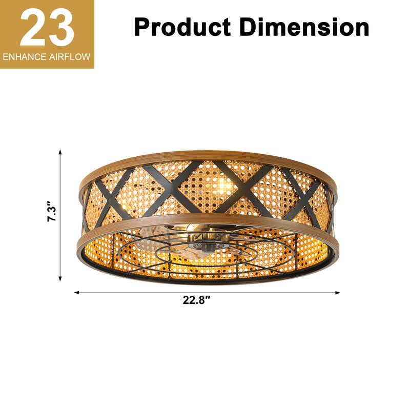 Cusp Barn 23" Boho Rattan Flush Mount Low Profile 6 Speeds Reversible Caged Ceiling Fan with Light and Remote for Bedroom