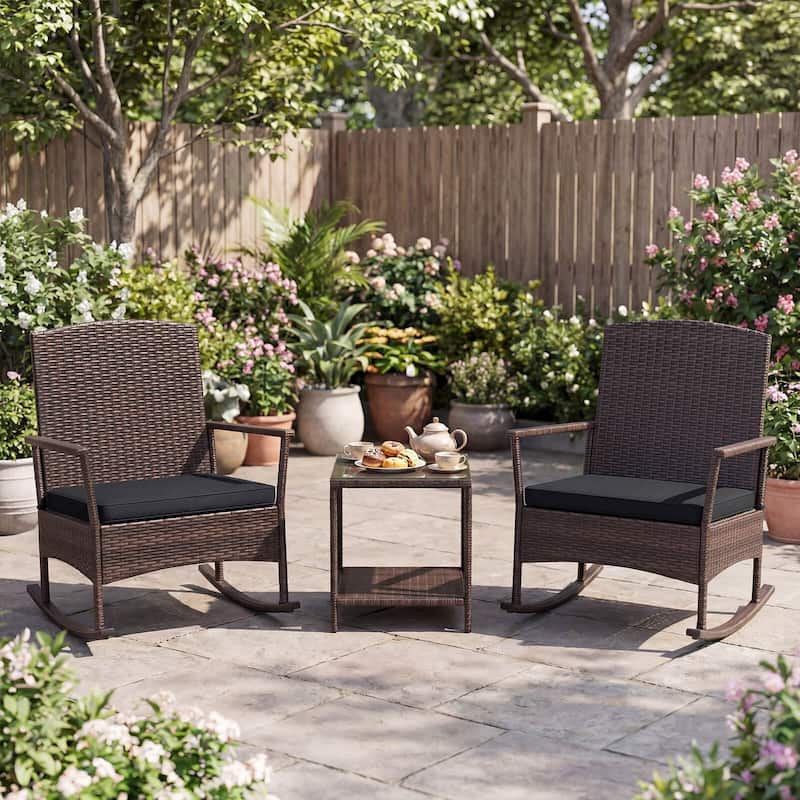 Costway 3 Piece Patio Rocking Set Wicker Rocking Chairs with 2-Tier - See Details