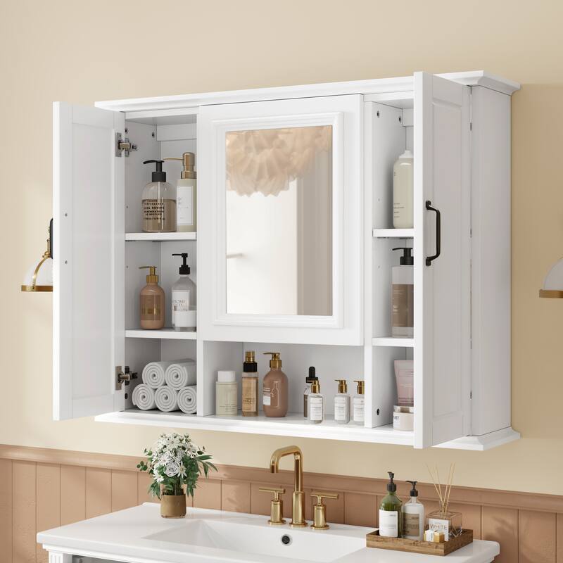 Roomfitters 36" Bathroom Vanity & Mirror Cabinet Set, Textured Solid Wood Frame, Soft-Close Doors & Tip-Out Tray