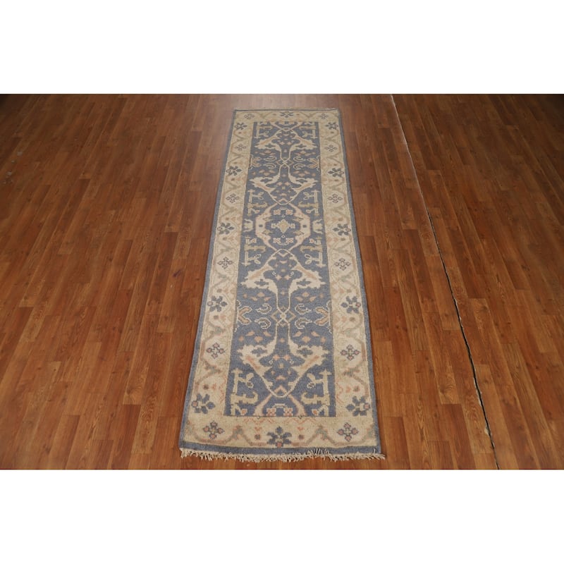 Blue & Beige Oushak Indian Runner Rug Hand-Knotted Wool Carpet - 2'7"x 8'0"