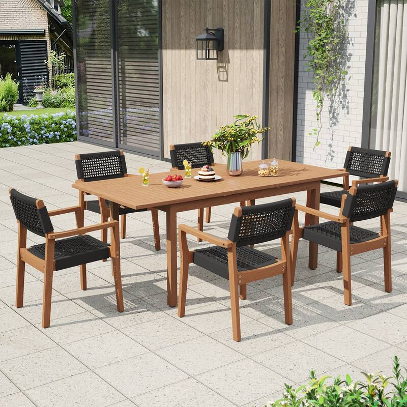 Outdoor Wooden Dining Table with 6 Woven - Seat Chairs Set