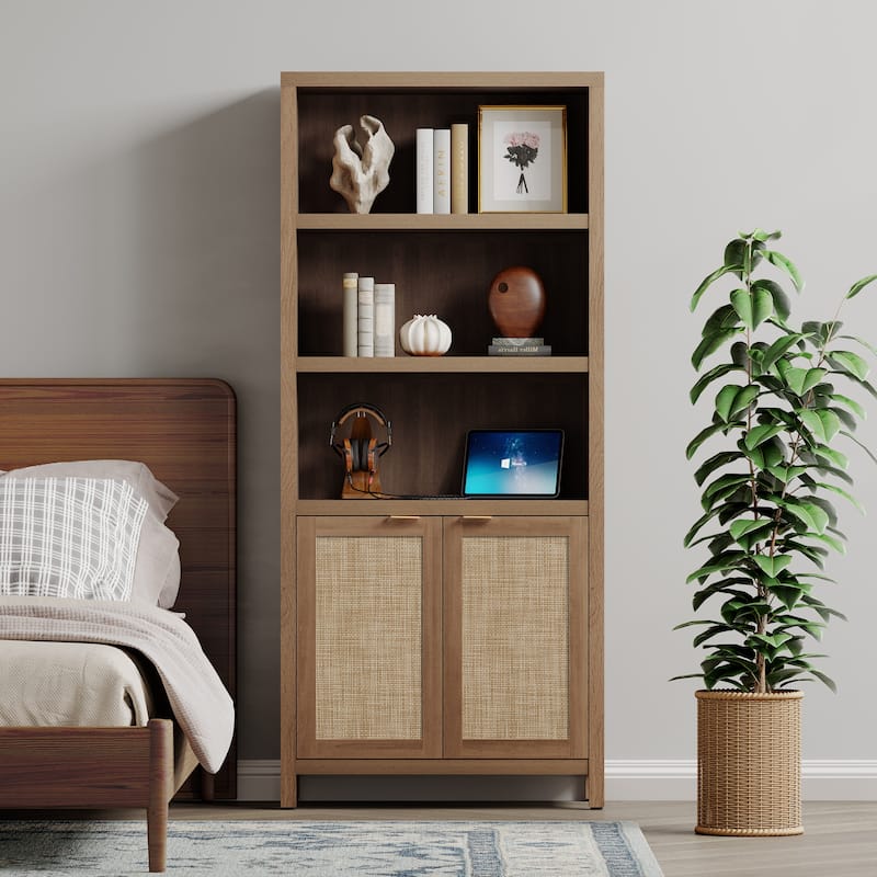 SICOTAS 5 Tier Adjustable Bookcase with Rattan Storage Cabinet