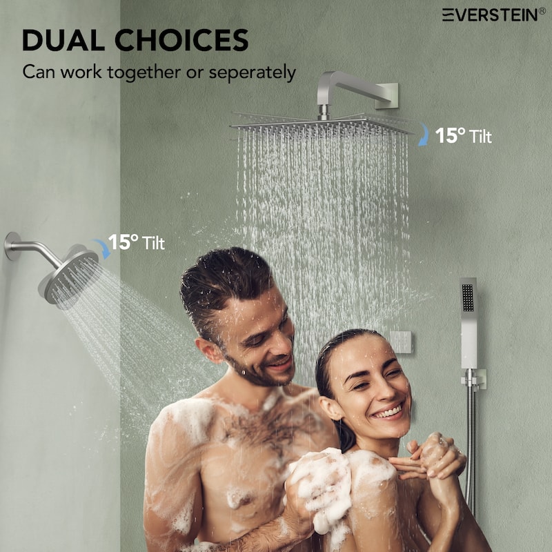 Thermostatic Dual Shower System 12" and 6" Rainfall Shower Head with 6 Body Jets & Handheld Shower
