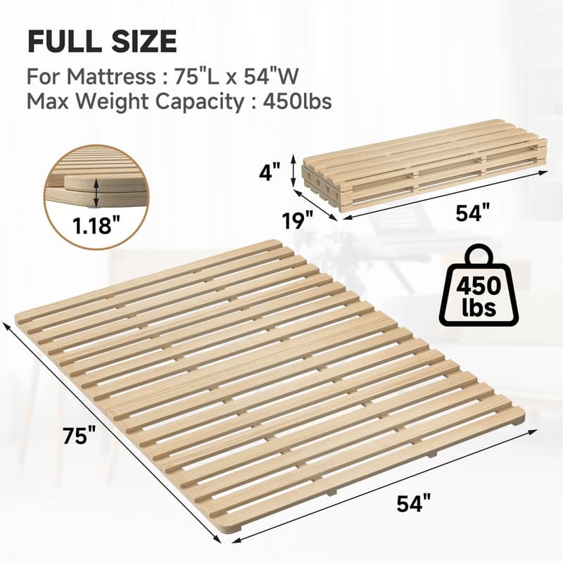 Solid Pine Wood Foldable Slatted Bed, Tatami Mat Floor Sleep Bedding
