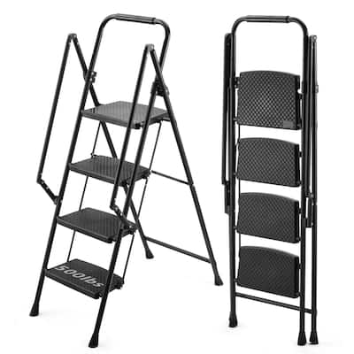 Four Step Ladder,lightweight Folding Four Step Stool, Wide Anti Slip Pedal And Safety Handle, Sturdy Steel Ladder