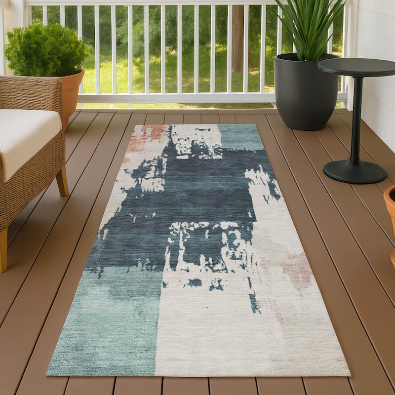 Machine Washable Indoor/ Outdoor Contemporary Fusion Chantille Rug - Teal - 2'3" x 7'6"