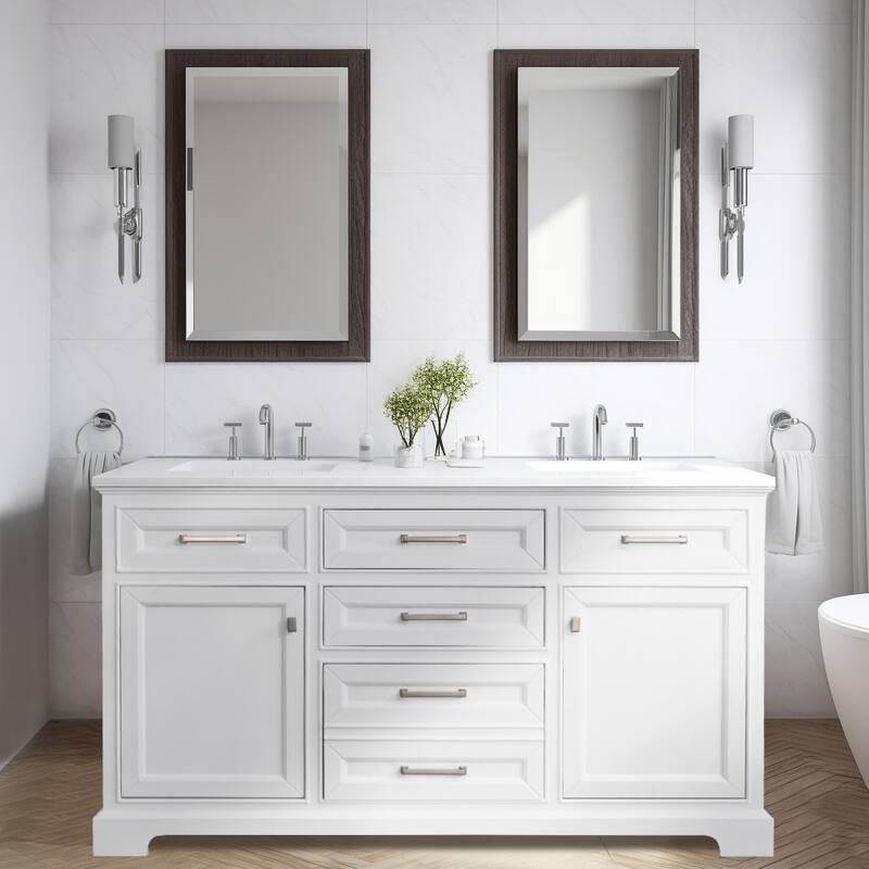 Prismarble Bathroom Vanity 60 in White with Marble Top & Backsplash, Double Sinks