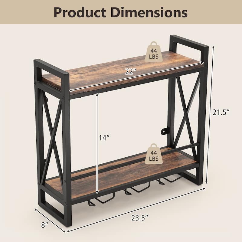 Wall Wine Rack with 2-Tier Shelves & 3 Glass Holders, Stylish and Functional Storage Solution - 23.5" x 8" x 21.5"