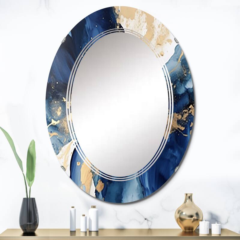 Designart "Dark Blue and Gold Strokes VIII" Fractals Modern Wall Mirror - 24in.x36in.