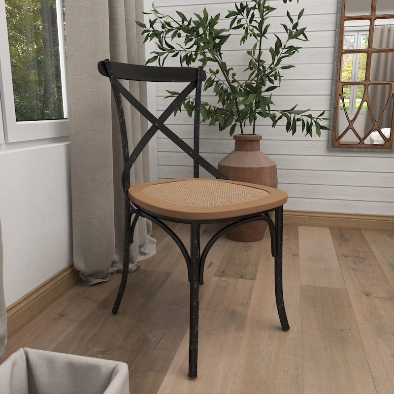 Metal Dining Chair with Brown Rattan Seat with or without Curved Details - Set of 2 Black or White - Roche River Decor