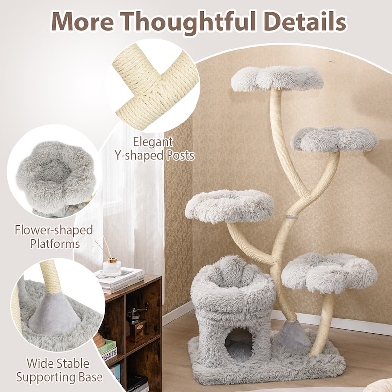 White Wood Plush Cat Tower with Condo, Sisal Posts and Flower Platforms - Overall Height: 65"