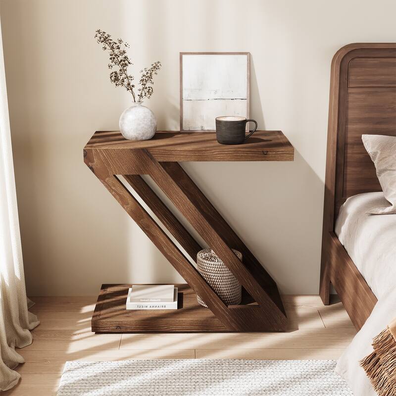 Solid Wood End Side Table Nightstand with Storage for Living Room Bedroom