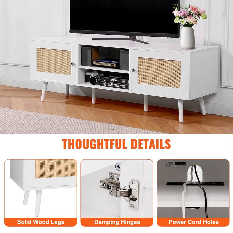 Rattan TV Stand, Mid Century Modern TV Stand, Boho Rattan TV Cabinet with Build-in Socket and USB Ports, Adjustable Shelfs