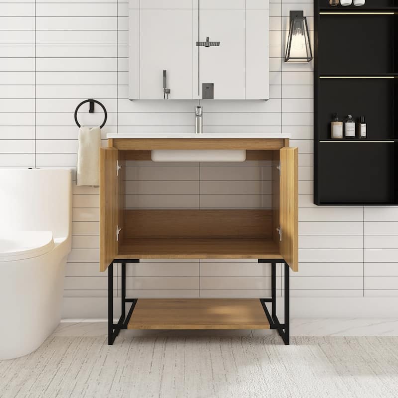 Freestanding Bathroom Vanity Set in Oak with Integrated Solid Surface Sink