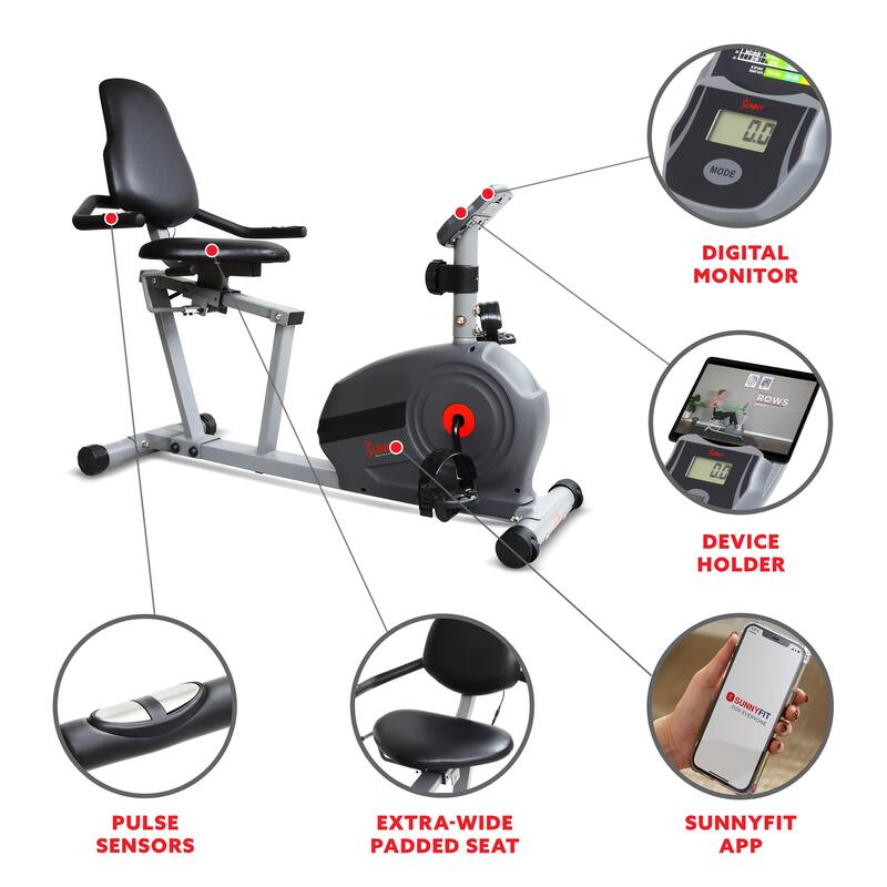 Sunny Health & Fitness Essentials Series Magnetic Smart Recumbent Bike SF-RB422903 - 52.4L x 26.4W x 41.5H
