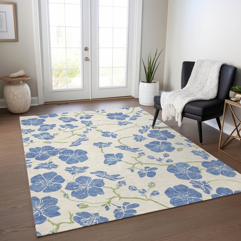 Machine Washable Indoor/ Outdoor Floral Zen Chantille Rug - Linen - 8' x 10'