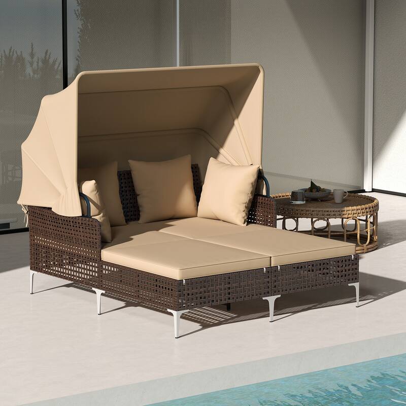 Gymax Outdoor Daybed w/ Retractable Canopy PE Wicker Rattan Patio