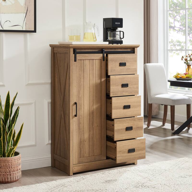 Oak Farmhouse 5-Drawer Dresser with Sliding Barn Door, Versatile