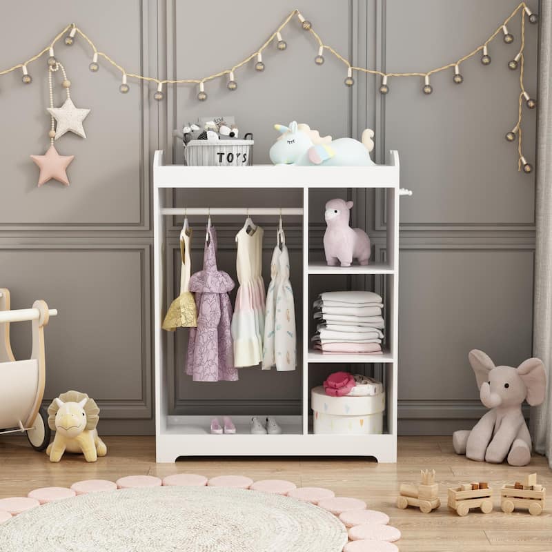 Kids Dress Up Storage with Mirror and Hooks, Wooden Clothes Rack with Hanging Rod, 3 Side Hooks, Storage Shelves and Top Shelf