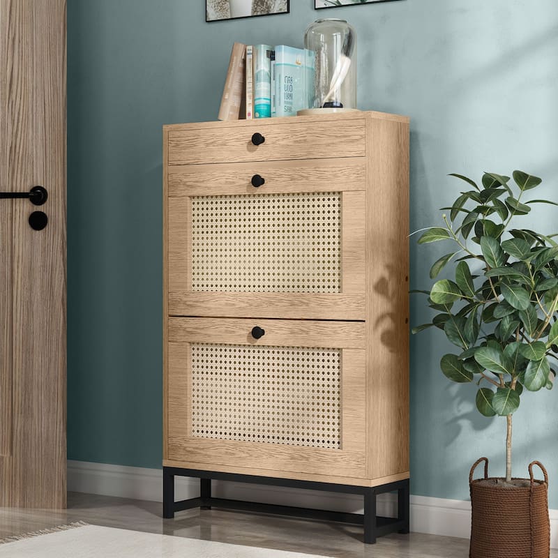 8 Pair Rattan Shoe Storage Cabinet 3 Drawers Shoe Rack - 23.6"L x 6.7"W x 38.2"H