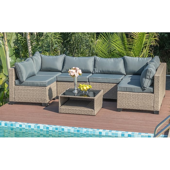 7-Piece Outdoor Wicker Sectional Conversation Set ，Waterproof Thick Cushions ，Coffee Table Included - Grey