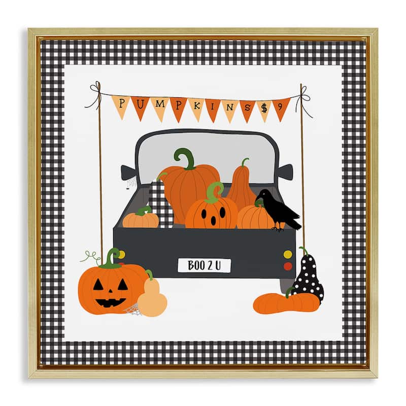 Stupell Pumpkin Truck with Gingham Border Framed Floater Canvas Wall Art Design By Sazerelli Designs - 18 x 18 - Gold