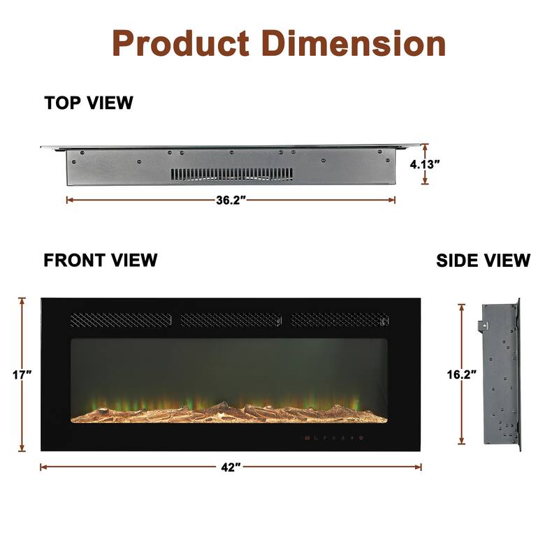 LED Recessed Electric Fireplace with 3 Top Light Colors, Remote Control, Adjustable Heating, and Touch Screen 1500W, Black