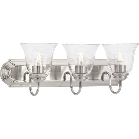 Three-Light Brushed Nickel Transitional Bath and Vanity Light with Clear Glass for Bathroom - Medium
