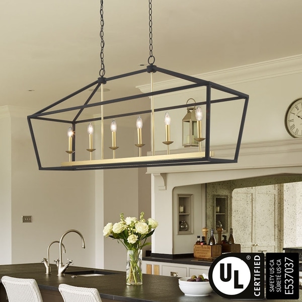 Finnick Mid Century Modern 6 Light Rectangle Kitchen Island Lights Lantern Candle Chandelier 49 Inches Aged Zinc Satin Brass