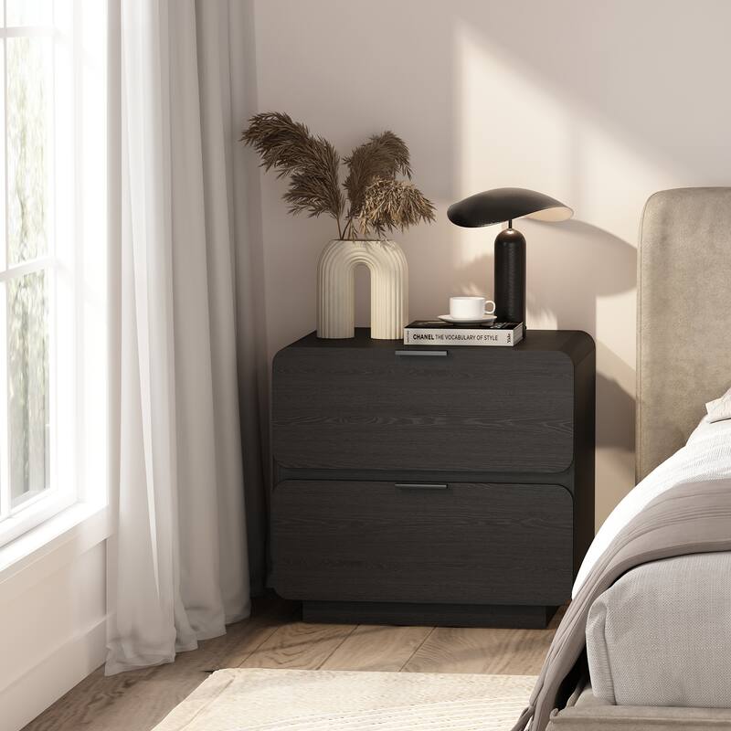 Modern Nightstand with 2 Drawers Wood Grain Texture Metal Pulls
