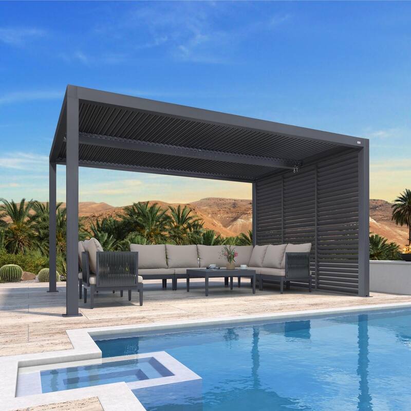 PURPLE LEAF Gray Louvered Pergola Outdoor Aluminum Pergola with Adjustable Roof for Patio Grey Hardtop Gazebo
