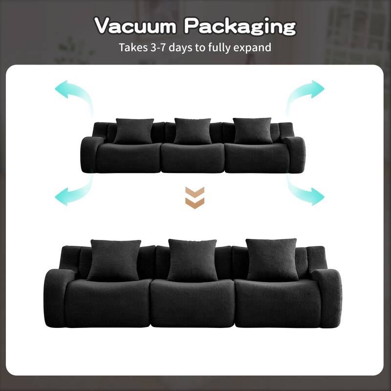 Modern 3-Seater Boneless Sofa, 115.3" Teddy Fabric Couch with Curved Armrests, Anti-Slip Base, No Assembly for Living Room