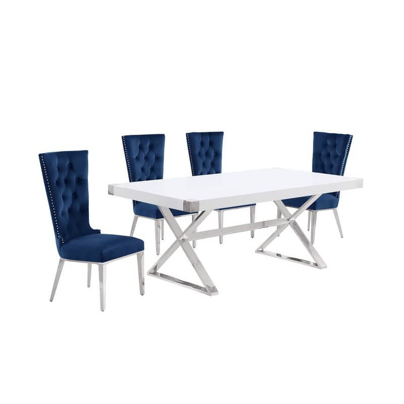 Best Quality Furniture D440/1-SC330-7 Dining Set with 78" White Lacquer Wood Top - 5-Piece - Navy Blue / Silver