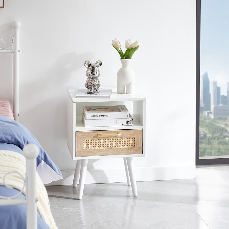 Chichoice Rattan Nightstand with Boho Drawer and Solid Wood Legs
