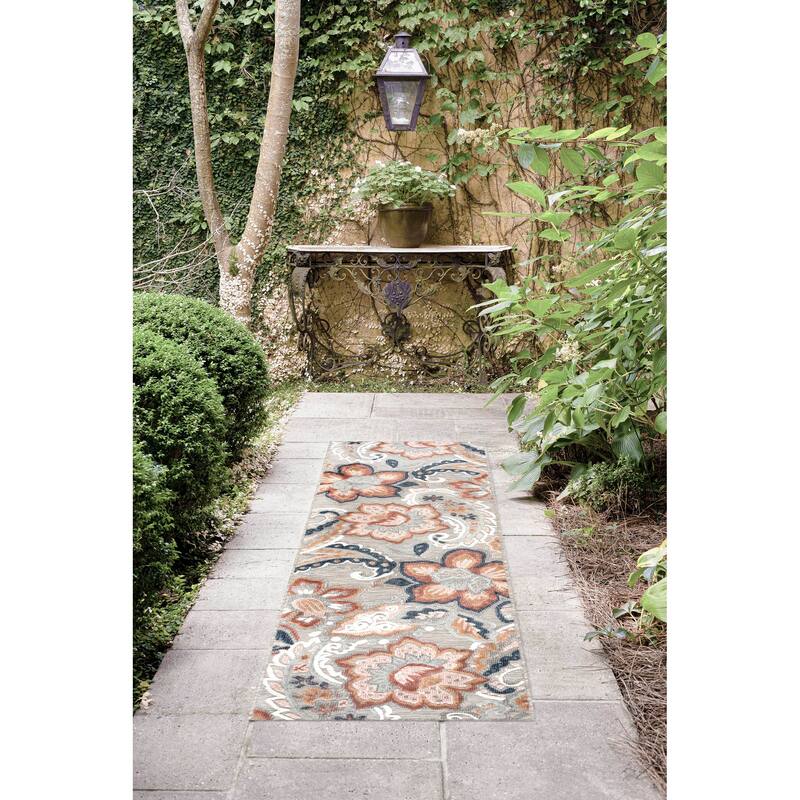Tropicana Tropical Floral Indoor/Outdoor Area Rug - 2'2'' x 7'3'' - Gray/Light Red
