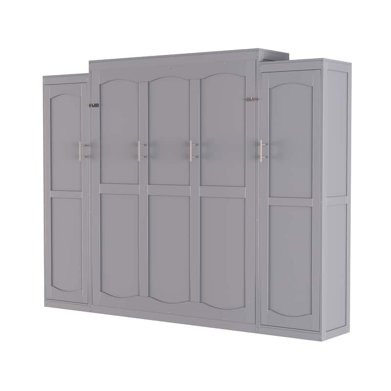 Full Size Wood Murphy Bed with 2 Wardrobe and Storage Shelf