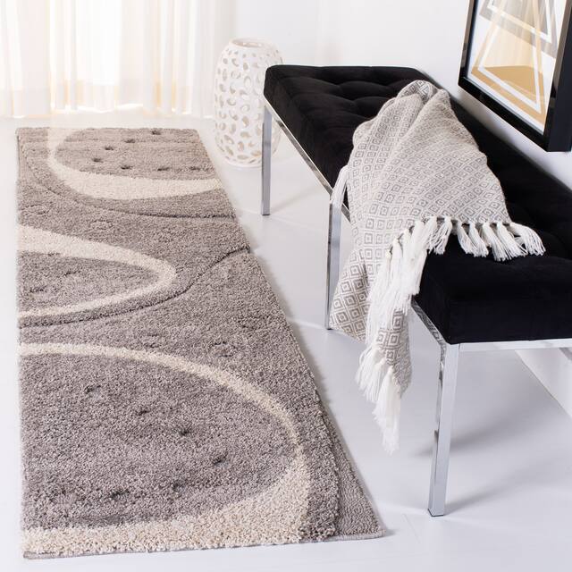SAFAVIEH Florida Shag Riet Abstract 1.2-inch Thick Rug - 2'3" x 8' Runner - Grey/Ivory