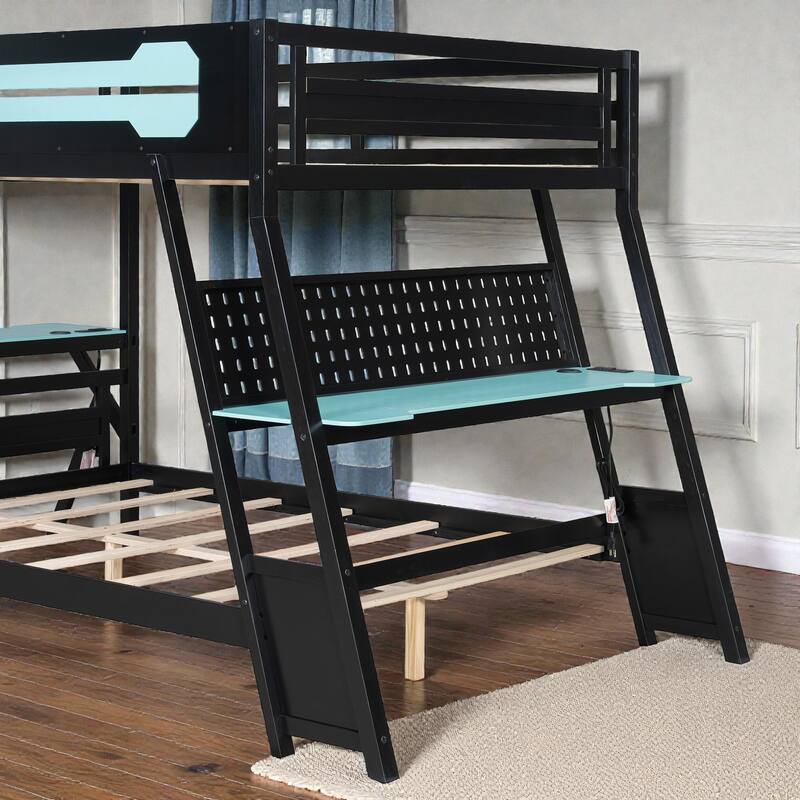 Twin/Full Gaming Bunk Bed with Dual Desks, USB Charging Ports and Pegboard Organizer, Gamer Bunk Frame