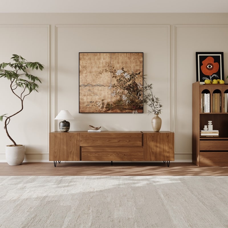 71" Walnut Finish TV Stand with Drawers & Closed Cabinets - Modern Media Console with Open Shelves
