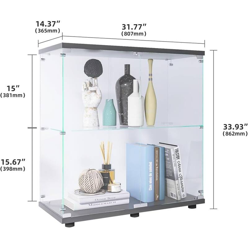 2 Shelves Display Cabinet with Glass Doors, Glass Display Cabinet, Floor Standing Curio Display Cabinet Trophy Display Case