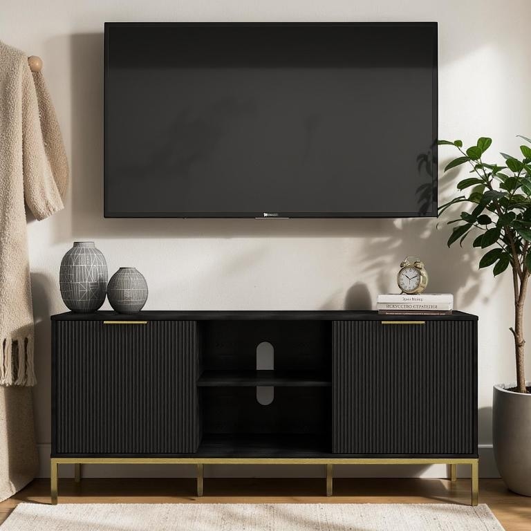 Modern TV Stand with Wave Doors, Black Media Console with Gold Legs and Handles, Soft Close Cabinet, Storage Shelf