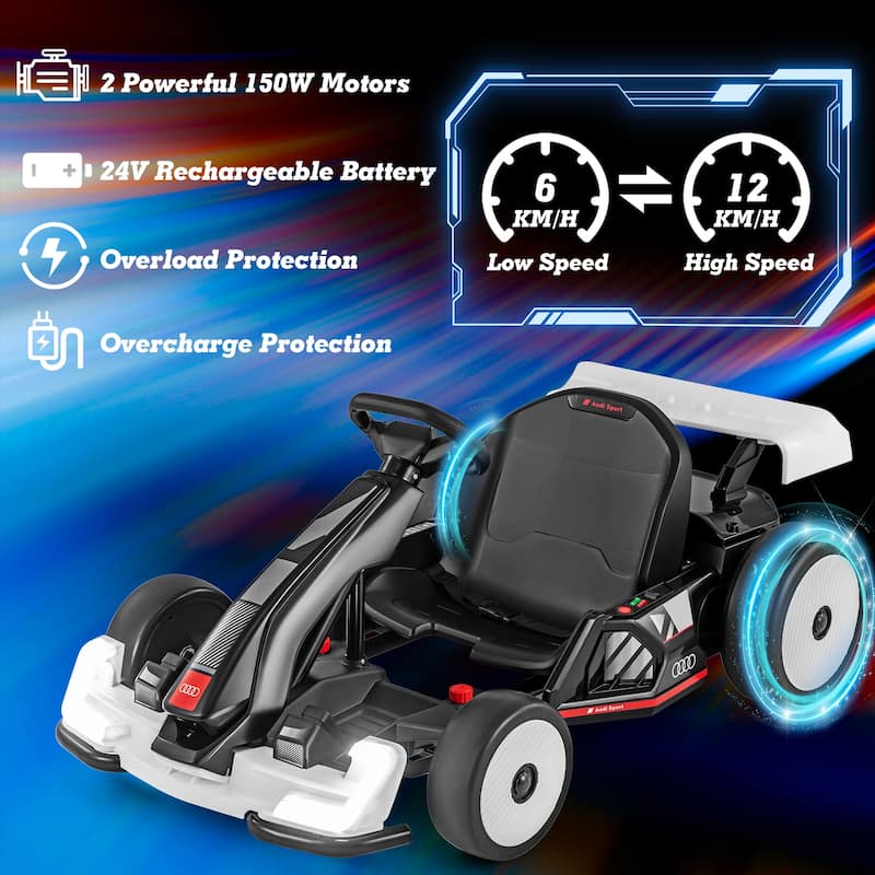 Kids Ride-On Electric Go Kart with Drift Mode and Safety Harness USB Music, and AUX Input - 45"/47"/49" x 29" x 21" (L x W x H)