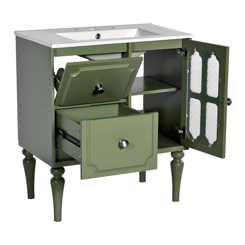 30-Inch Green Bathroom Vanity with Ceramic Sink, Soft-Close Hinges, 2 Drawers, and Concealed Storage - 30in L Ceramic+MDF