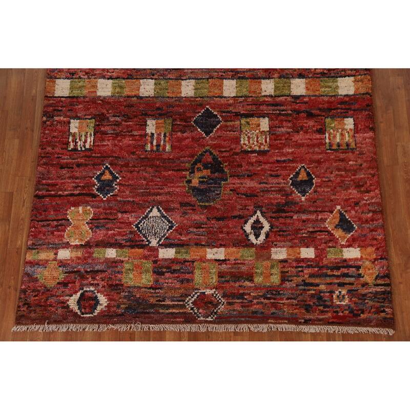 Hand Knotted Oriental 100% Wool Carpet Modern Tribal Red Moroccan Area Rug - 9' 11'' X 6' 9''