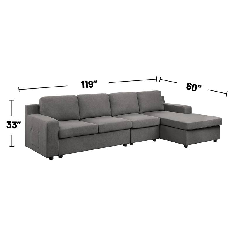 Linen 4-Seater Sectional Sofa Chaise with Pocket in Gray